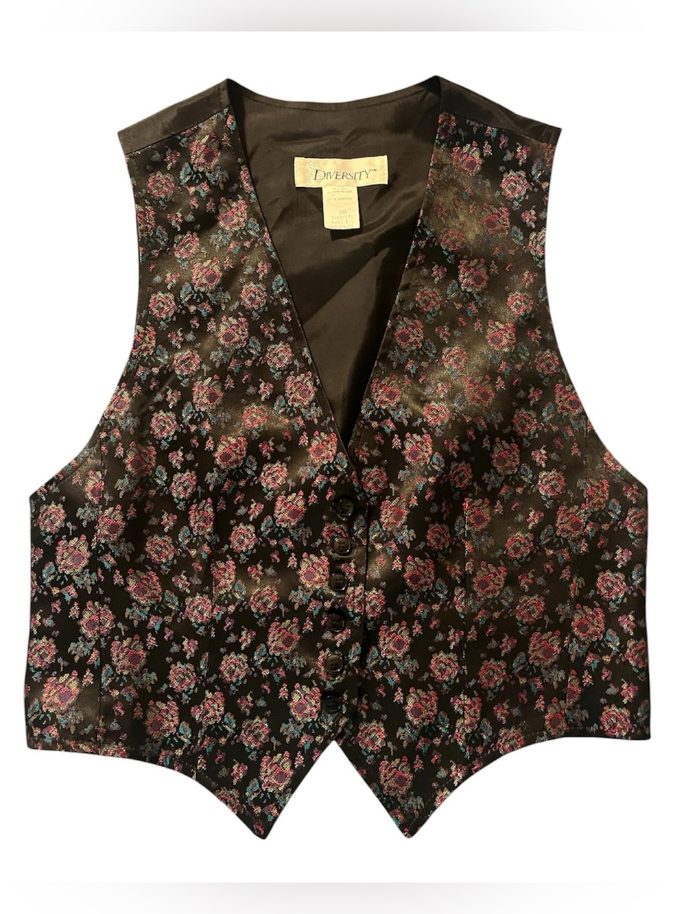 Diversity Floral Satin Vest in Black with Pink & Green Accents Sz S